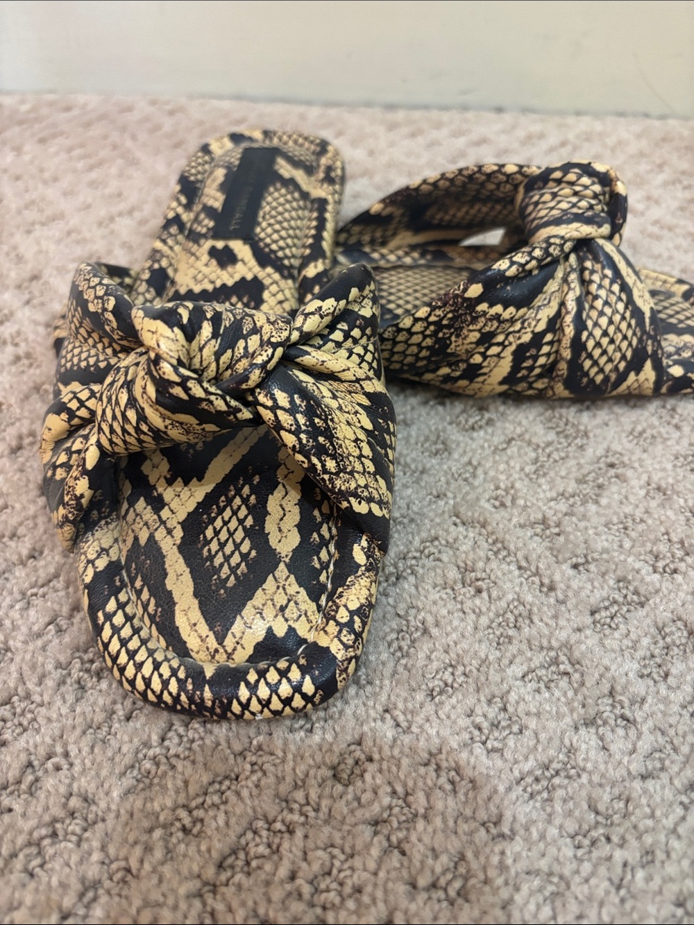 Loeffler Randall Black & Tan Snake-Print Knot Slide Sandals